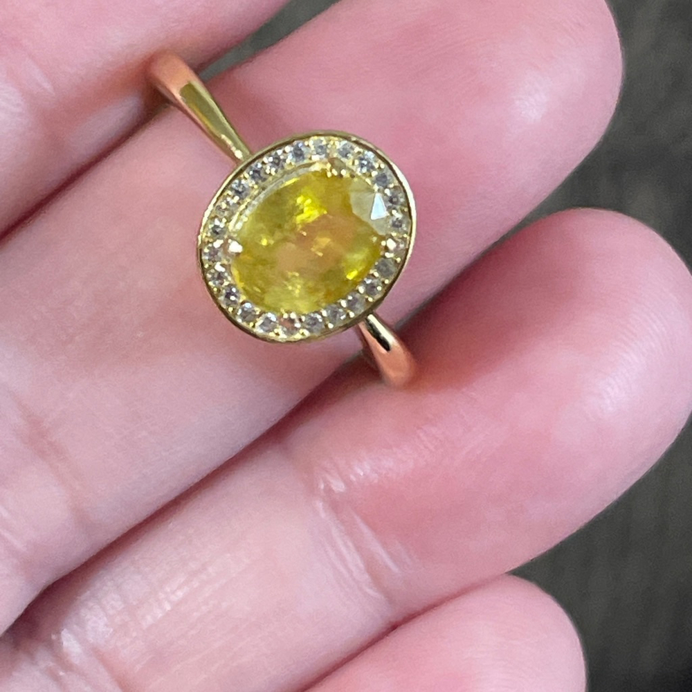 Natural Yellow Sapphire Halo in 18k Gold Plated 925 Silver Size 8 CZ Accents